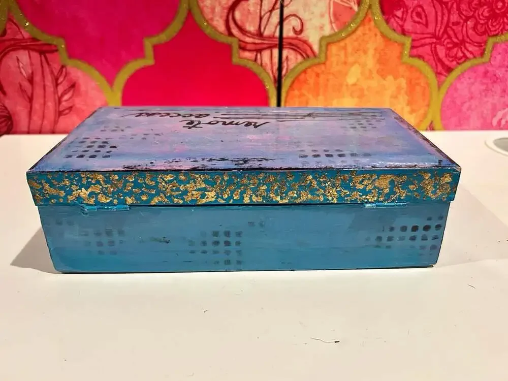 Hand Painted Blue and Purple Wooden Keepsake Box with Remote Access Calligraphy